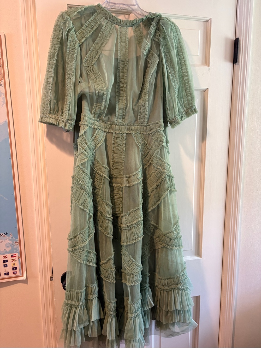 Mac Duggal Sage Green Ruffled Tulle Midi Dress